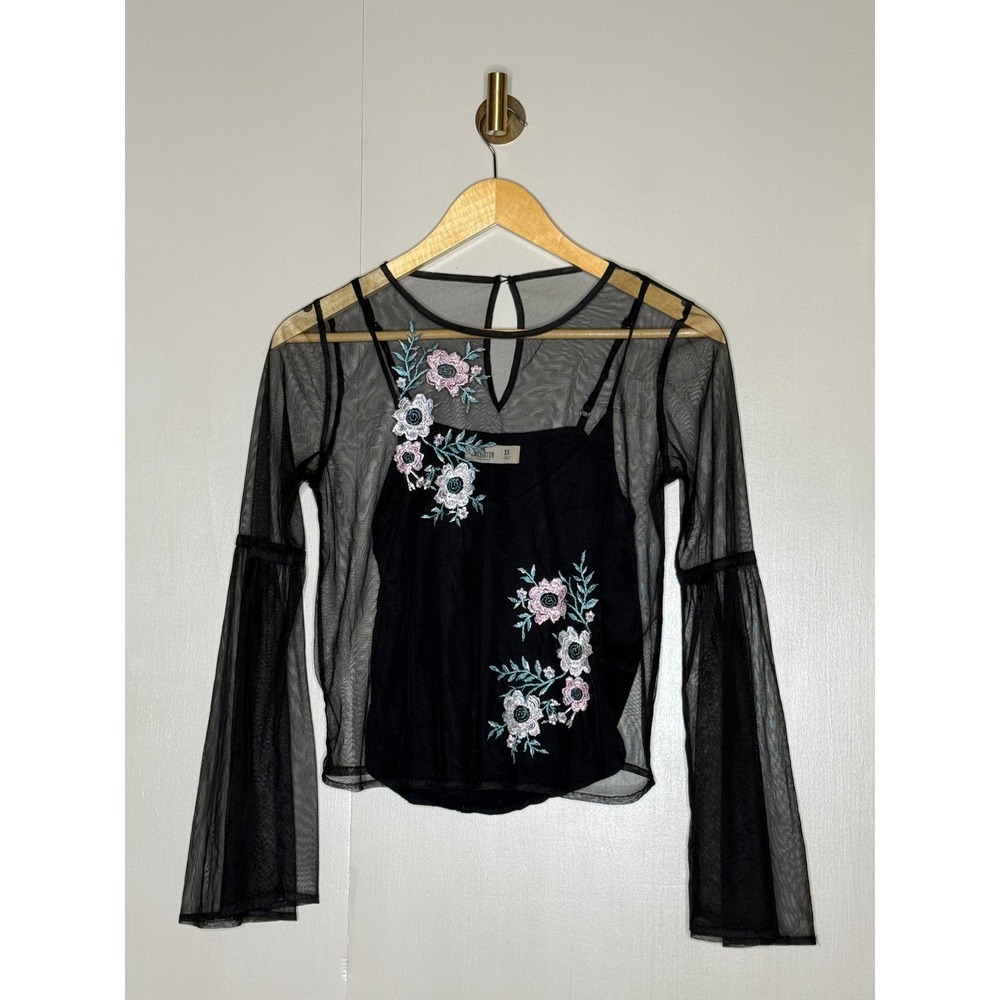 Hollister Black Mesh Embroidered Floral Bell Sleeve Top XS - Picture 2 of 8